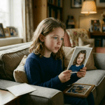 Young girl holding and looking at a childhood photograph of herself