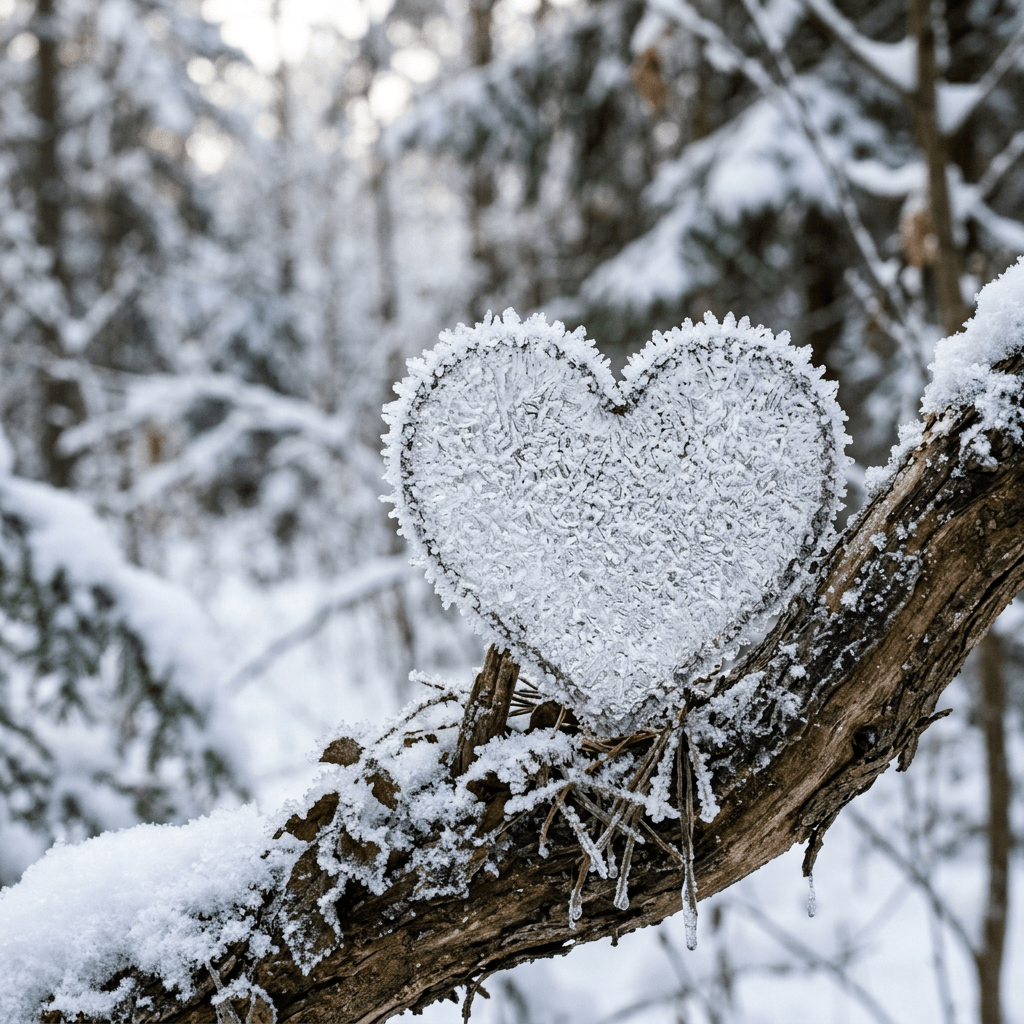 Imagen actual: Heart-shaped ice crystal covered in frost on a snow-covered tree branch